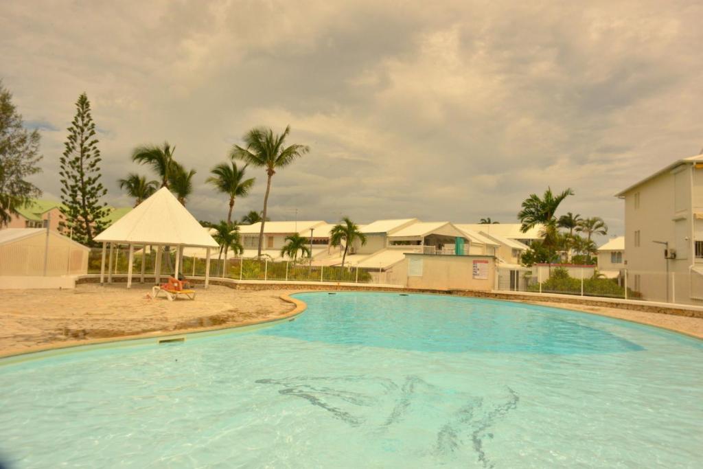 una grande piscina accanto a una spiaggia con palme di L'oasis de Saint-François, studio An bel ti koté a Saint-François