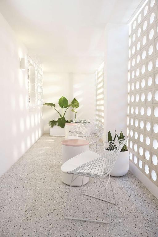 a room with white chairs and potted plants at Adina Apartment Hotel Chippendale in Sydney