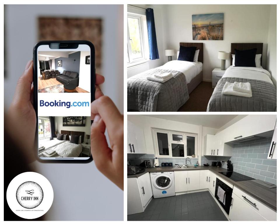 a person taking a picture of a hotel room at Large 3 Bedroom House with Parking & Garden by Cherry Inn Short Let's & Services Accomodation in Cambridge