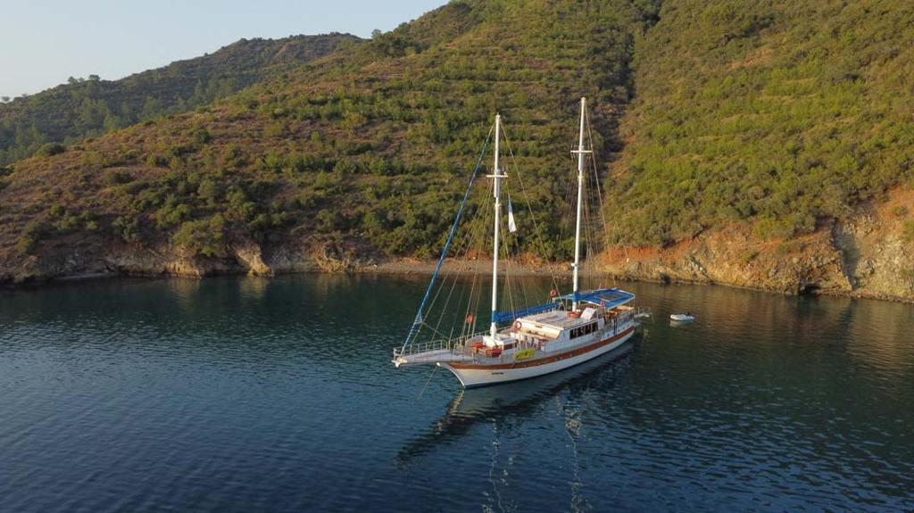 a boat sitting in the water next to a mountain at Feronia teknesi in Fethiye
