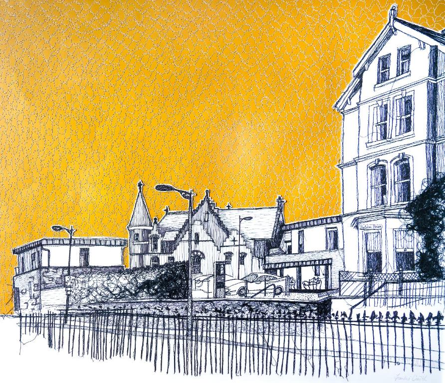 a black and white drawing of a building at Antrim House Guest Rooms & Suites in Portrush