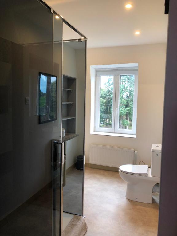 ein Bad mit einem WC und einer Glasdusche in der Unterkunft La Maison du Hommeel in Gratot