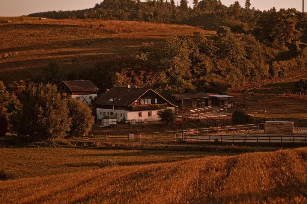 a house on a hill next to a field at Belroki Ranch in Waldeck