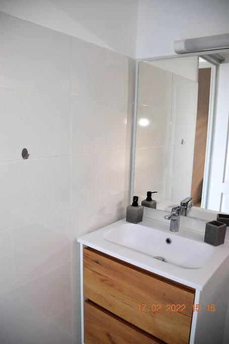 un bagno con un lavandino bianco e uno specchio di Magnifique villa piscine, vue mer, 8 km plages a Le François