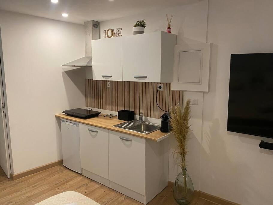 a kitchen with white cabinets and a sink and a tv at Superbe suite avec jacuzzi patio et sauna in La Ciotat