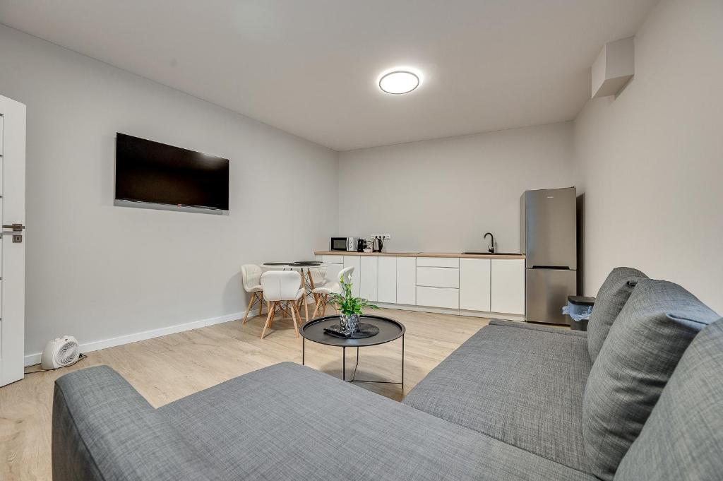 a living room with a couch and a table at Central Platinum Apartments 22 in Rybnik