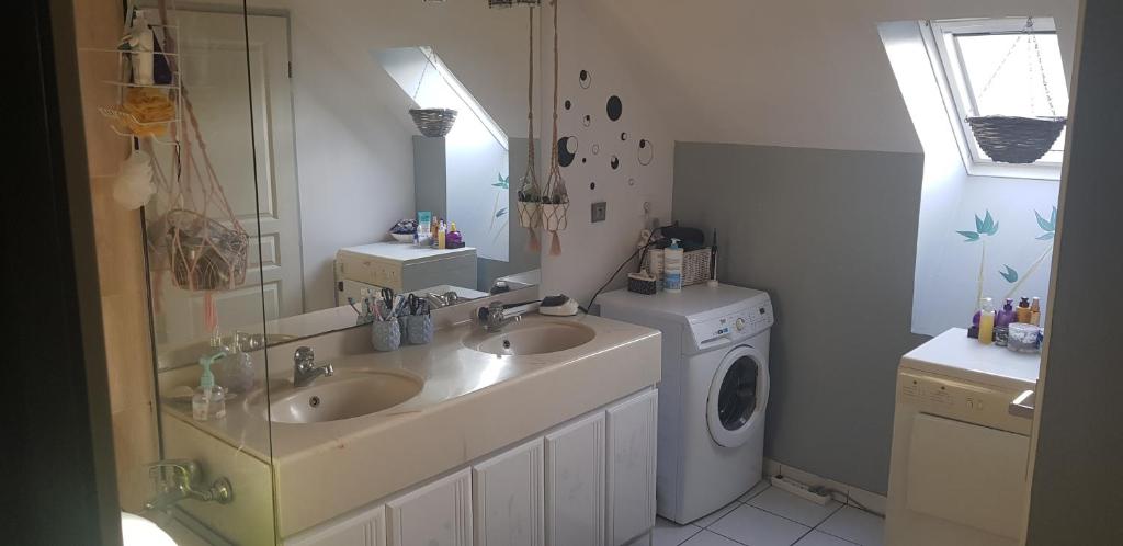 ein Badezimmer mit 2 Waschbecken und einer Waschmaschine in der Unterkunft Chez Marie Laure in Nogent-le-Rotrou