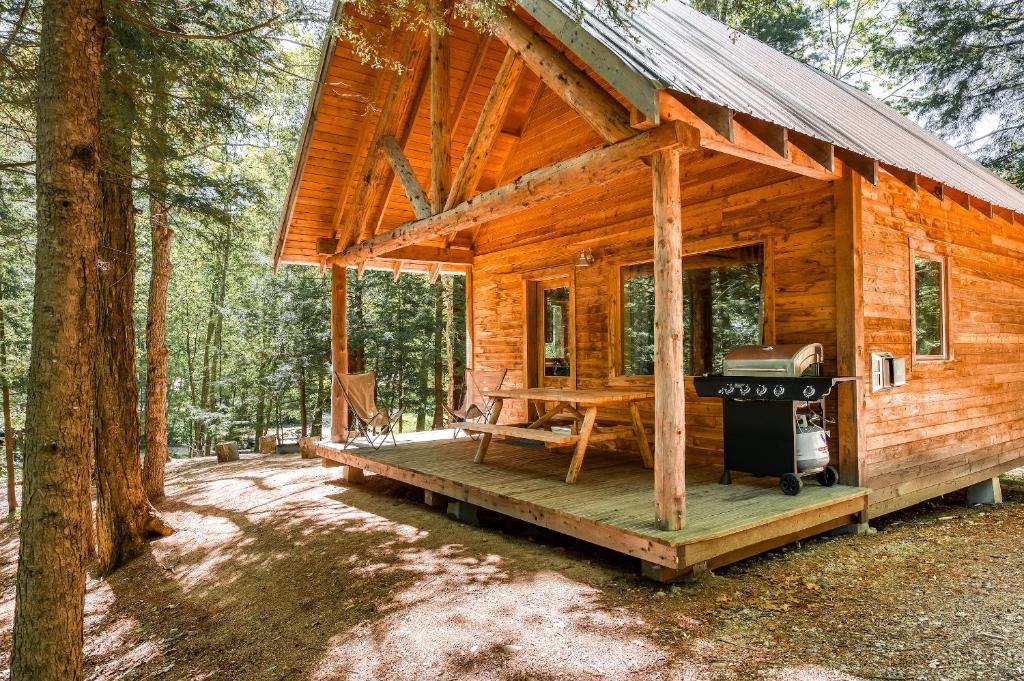 uma cabana de madeira com uma grelha na floresta em Huttopia Sutton em Sutton