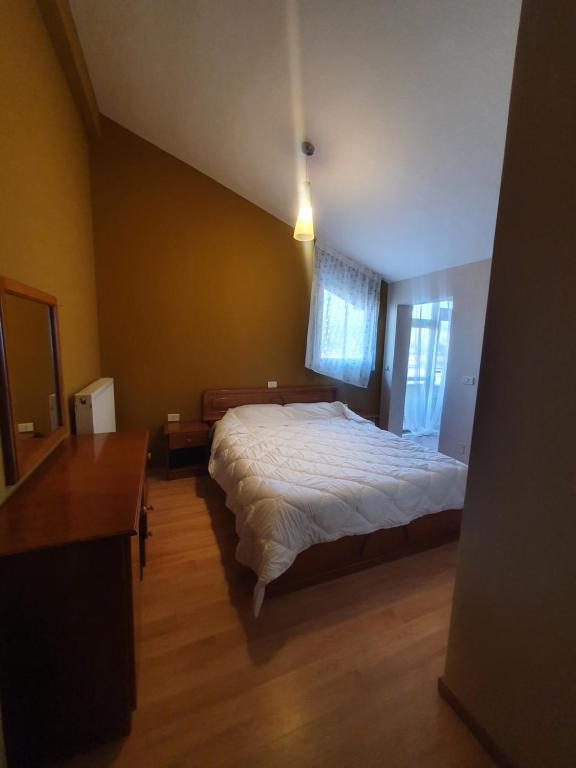 sypialnia z dużym łóżkiem i oknem w obiekcie Hotel Tirona w mieście Tushemisht