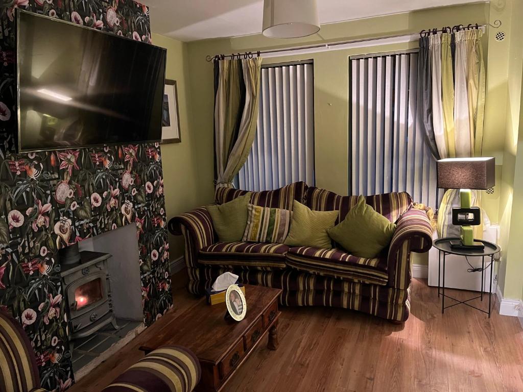 een woonkamer met een bank en een open haard bij 11 Parkmore Street, Ormeau Road, Belfast, BT7 2GT, 2 bedroom House in Belfast