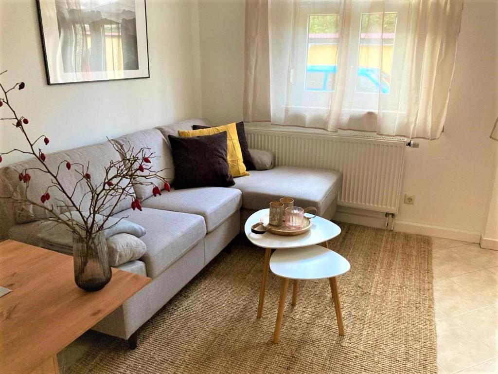 Posezení v ubytování FeWo Ostrau, neues Bad, neue Küche, zentral, ruhig, Sandstein-Ferien, Terrasse