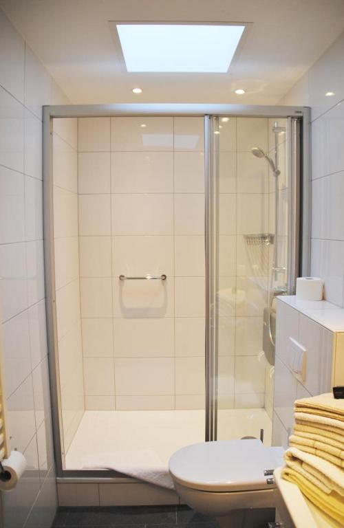 La salle de bains est pourvue d'une douche en verre et de toilettes. dans l'établissement Metropol Metropol 23, à Norderney