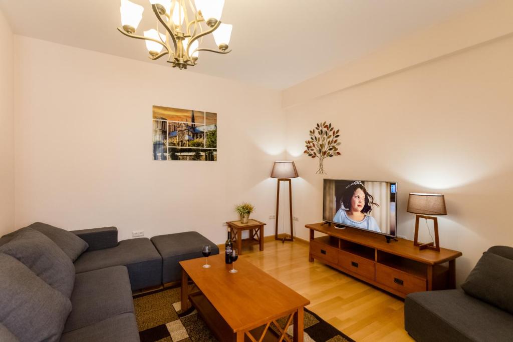 a living room with a couch and a tv at Comfy Home III in Tbilisi City