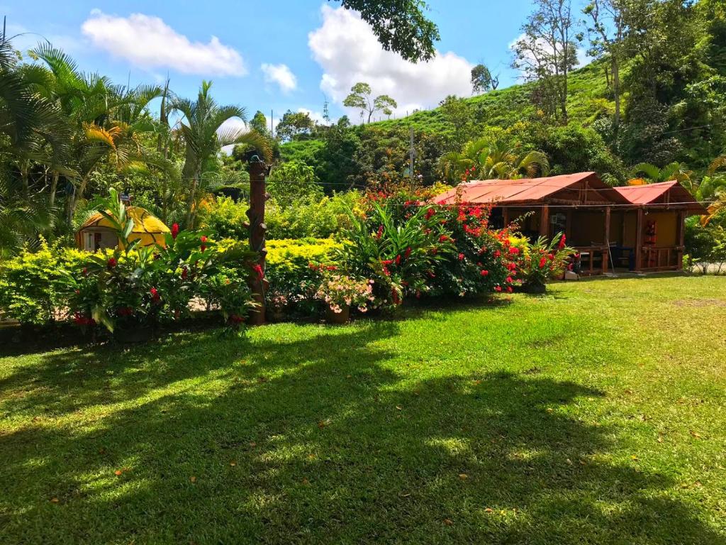 un jardin fleuri et une maison en arrière-plan dans l'établissement Finca hotel Rios Claros, à San Luis