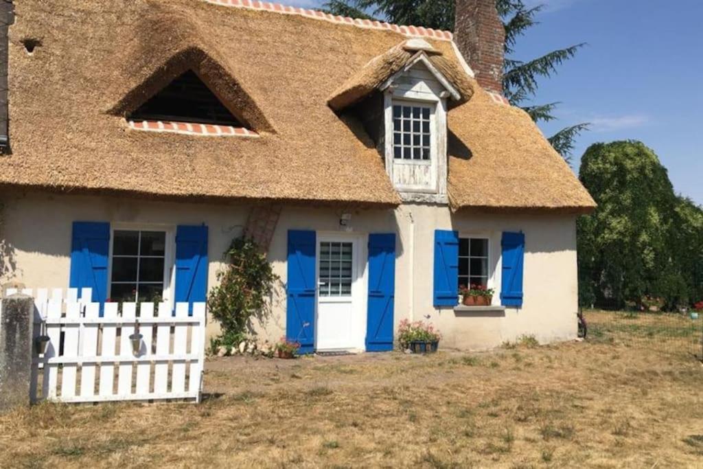 Casa de campo antigua con puertas azules y techo de paja en Chaumière avec sa toiture recouverte de chaume !!!, en Donnemain-Saint-Mamès
