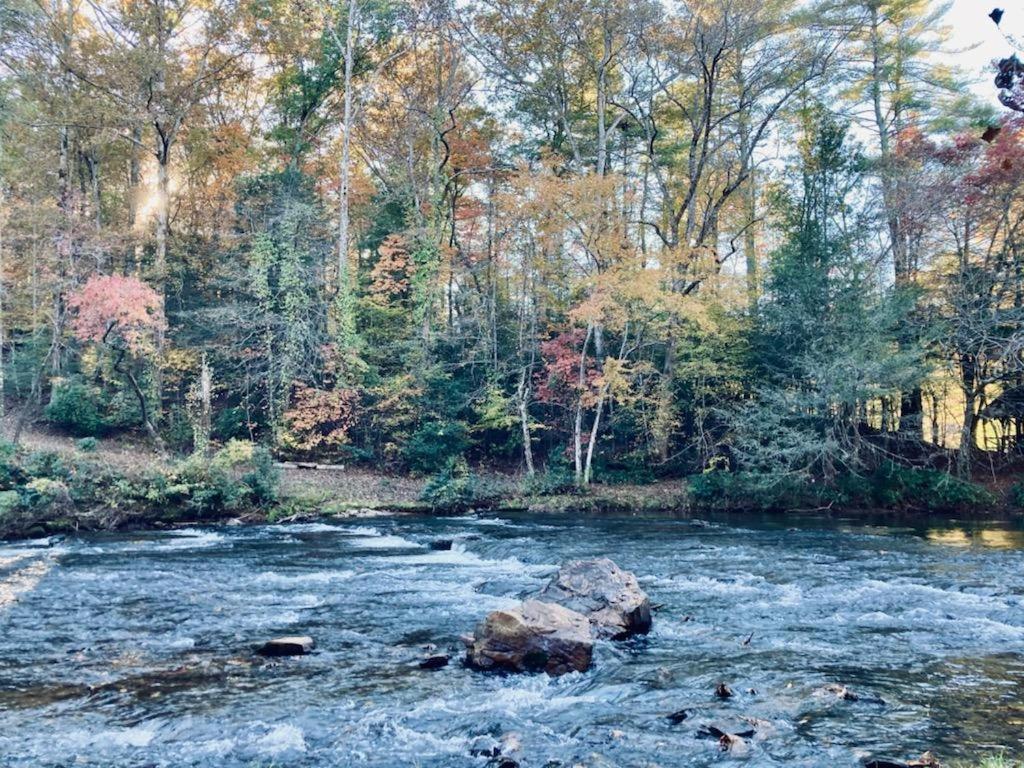 a river with a rock in the middle at Stay at Rivermist Dahlonega in Dahlonega