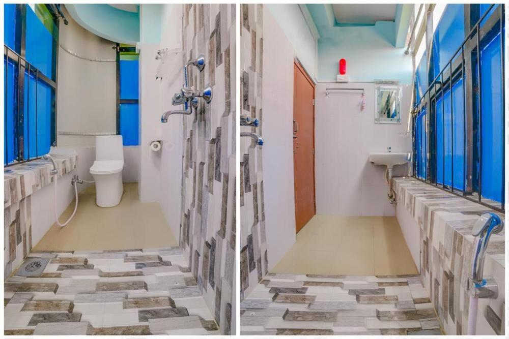 2 immagini di un bagno con servizi igienici e lavandino di Guru hotel and lodge a Itahari