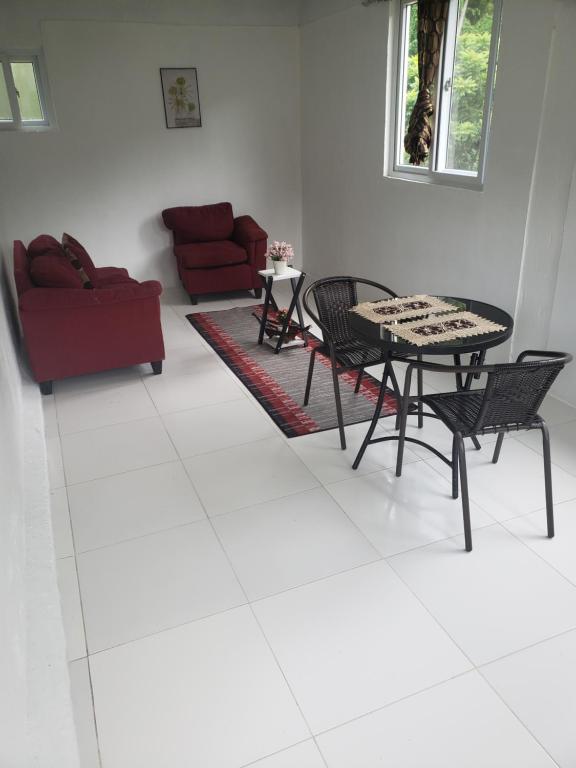 sala de estar con mesa, sillas y sofá en Zaboca apartment, en Roseau