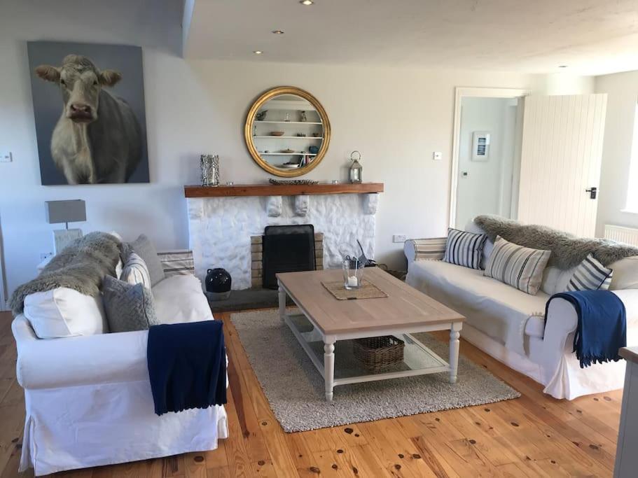 sala de estar con sofás blancos y chimenea en Luxury Wild Atlantic Way Retreat en Grange