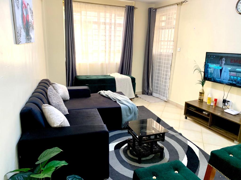 a living room with a couch and a tv at Vee's Homestay, Nakuru Town in Nakuru