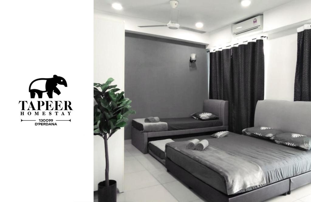 a living room with a bed and a couch at Tapeer Homestay 13CC99 @D Perdana Kota Bharu in Kota Bharu