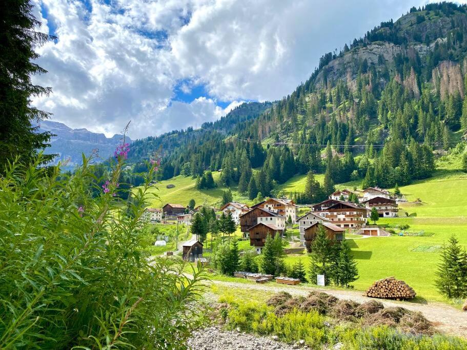 a village in the mountains with green hills and trees at Appartamento Fodom in Arabba