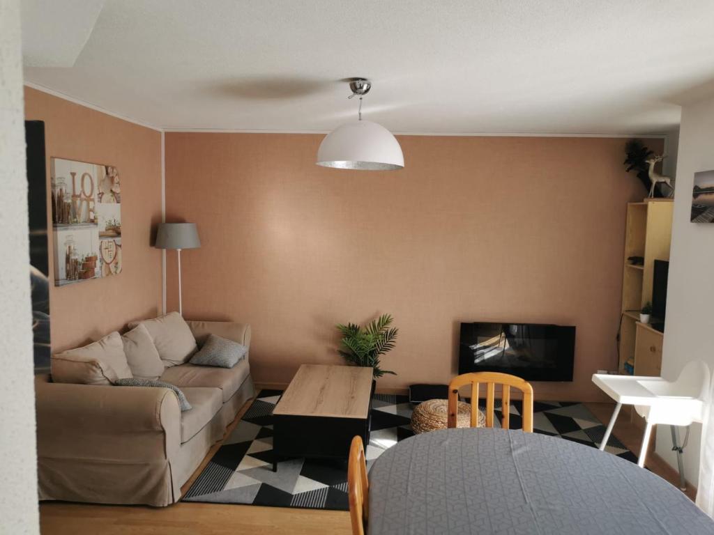 a living room with a couch and a table at Beau T3 place parking, vue dégagée proche centre in Luchon