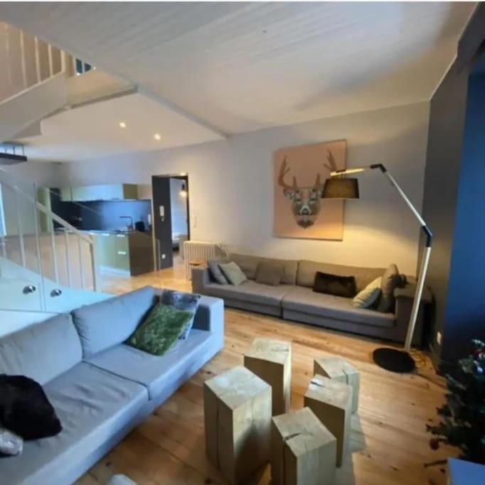 un salon avec un canapé et une table dans l'établissement Agréable maison de ville, à Saint-Lary-Soulan