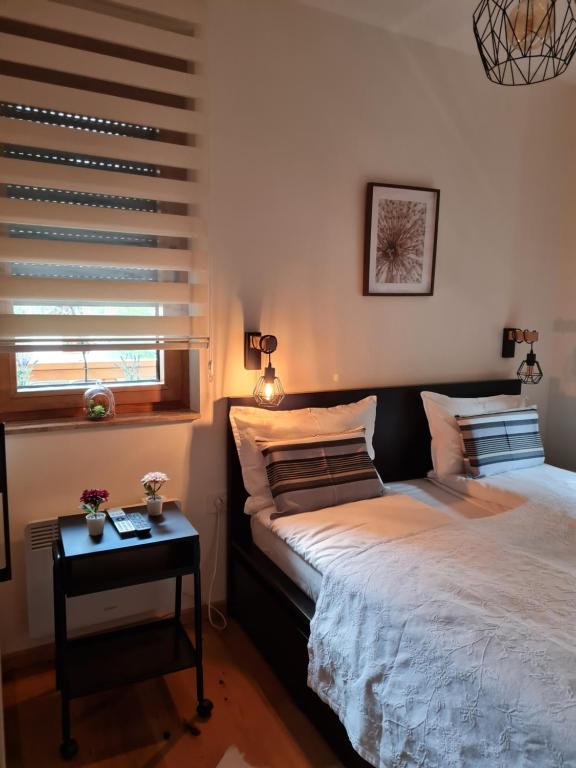 1 Schlafzimmer mit 2 Betten und einem Beistelltisch in der Unterkunft Amber Gold Apartment in Zlatibor