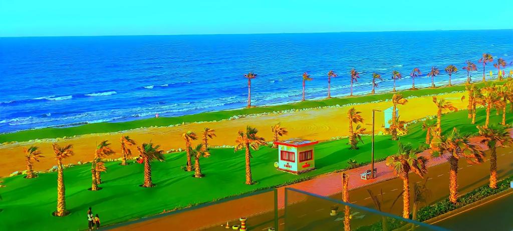 uma vista para uma praia com palmeiras e para o oceano em Porto Said شاليه ملكى صف اول بحر بورتو سعيد em Port Said