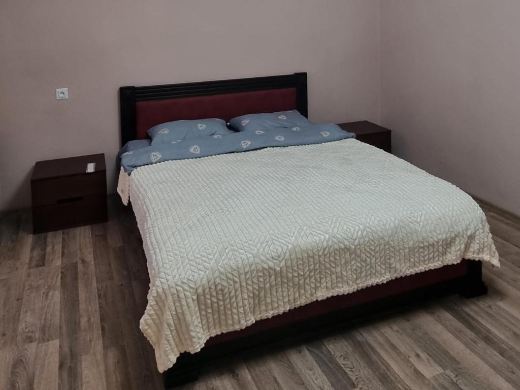 a bedroom with a bed with blue pillows on it at Двокімнатна квартира поруч з парком Топільче із закритим двором та камерами відеоспостереження in Ternopil