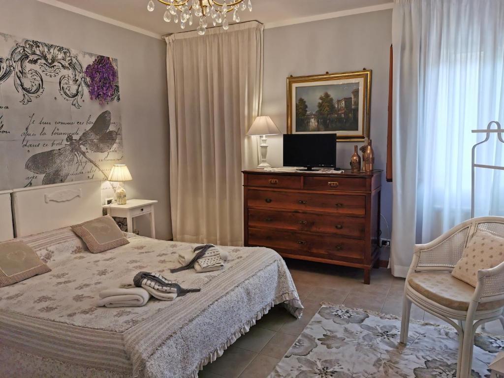 ヴェネツィアにあるAppartamento Ca' Di Niveのベッドルーム(ベッド1台、テレビ、椅子付)