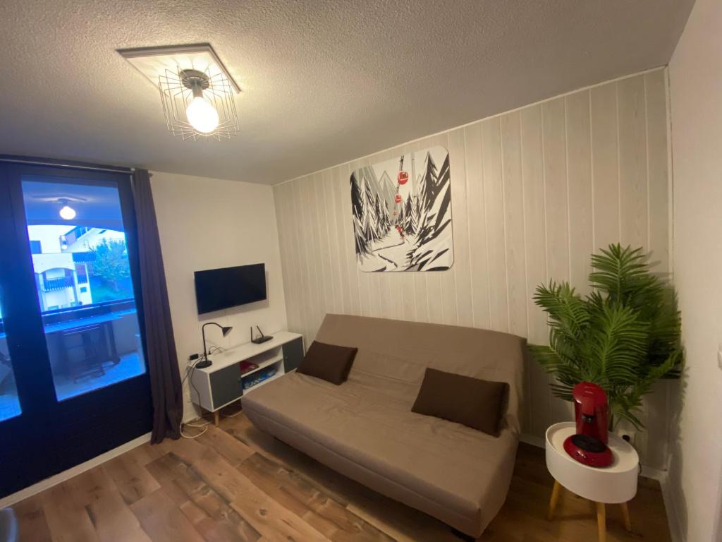 ein Wohnzimmer mit einem Sofa und einem TV in der Unterkunft Poutran 2, studio 4 personnes au pied des pistes avec grande terrasse in 