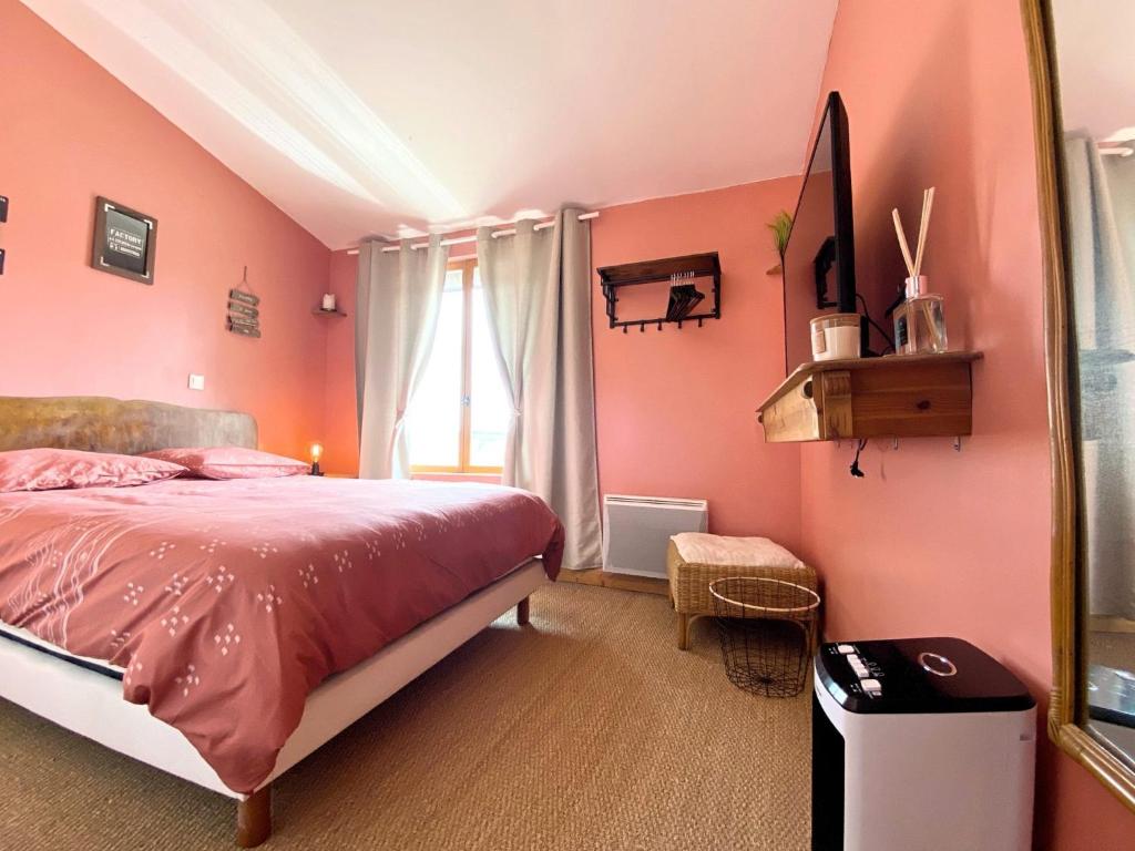 um quarto com paredes cor-de-rosa e uma cama com um espelho. em Rooftop Face à la Cité 'RFC' em Carcassonne