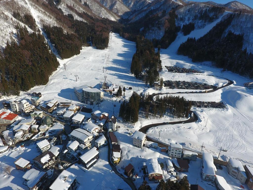an aerial view of a village in the snow at Lodge Seizan in Nozawa Onsen