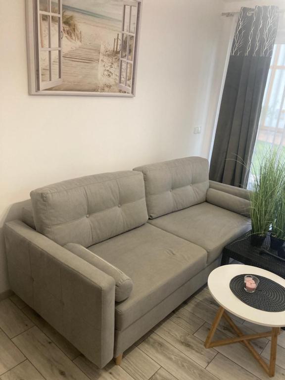 a living room with a couch and a table at Apartament 2B-5 Żarnowska in Żarnowska