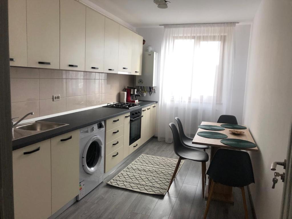 a kitchen with a washing machine and a table with chairs at Ilinca-ZGATIA in Piatra Neamţ