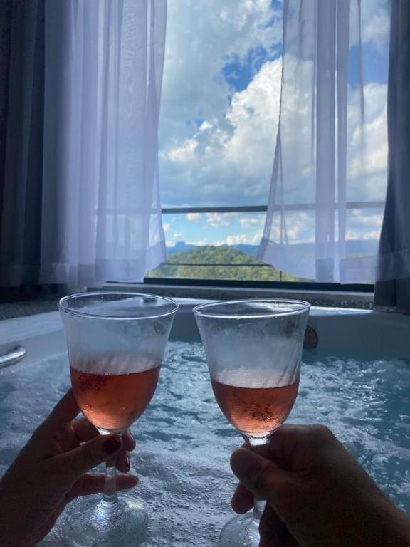 two people holding glasses of wine in front of a window at Vertentes da Mantiqueira - Chalés in Santo Antônio do Pinhal