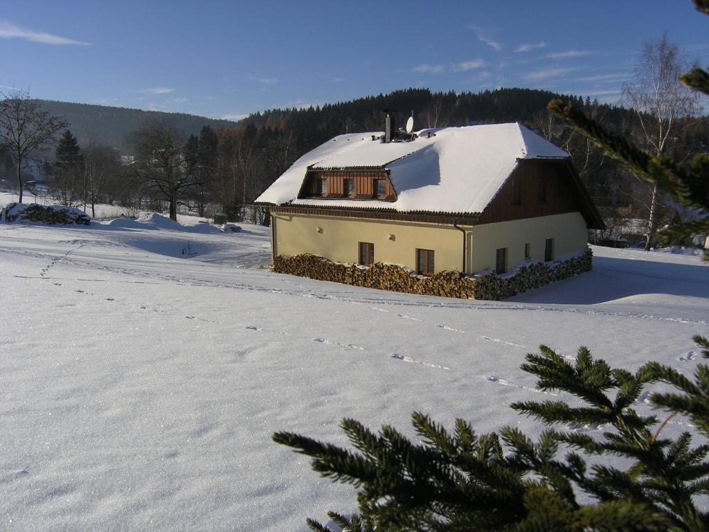 uma casa com um telhado coberto de neve na neve em Šumavské apartmány em Zdíkov