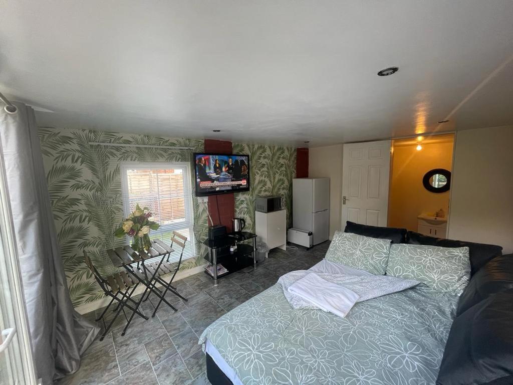 a bedroom with a bed and a television in it at A lovely one bedroom Condo with free parking in Patchway in Bristol
