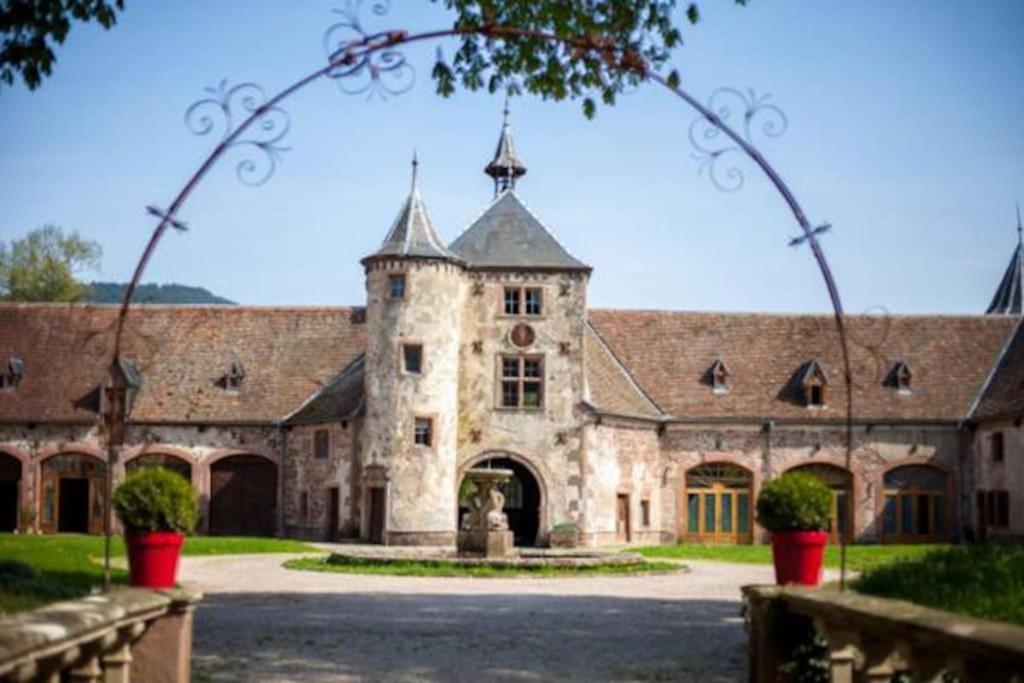 un grand bâtiment en pierre avec une grande allée. dans l'établissement Le patio du Château de Thanvillé, à Thanvillé