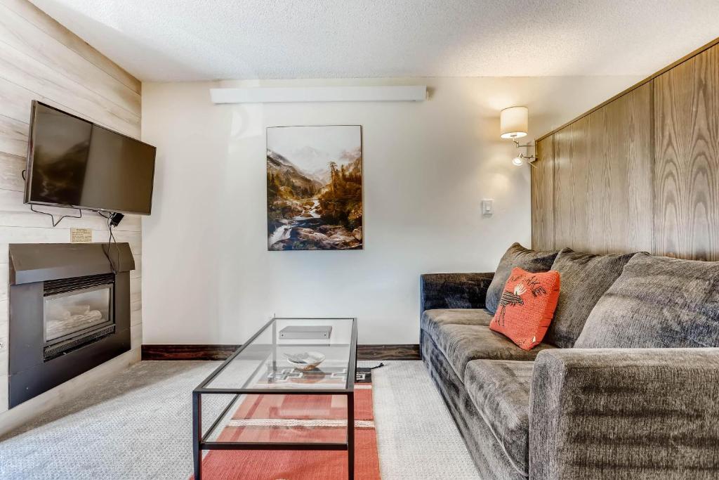 a living room with a couch and a fireplace at Lift House Lodge, Pet Friendly, Premium Studio Condo in Vail