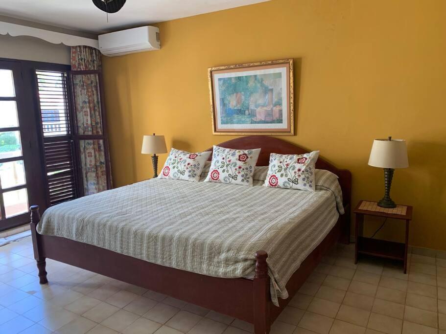 Un dormitorio con una cama con almohadas. en Cabarete Beachfront Condos Nanny Estate Unit C2, en Cabarete