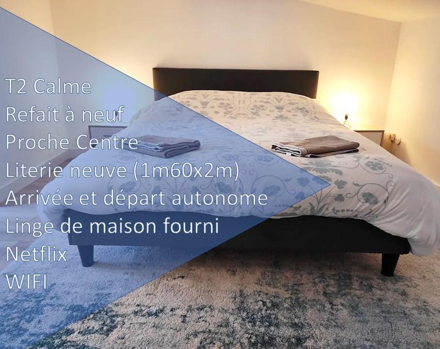 1 dormitorio con 1 cama con edredón azul en T2 Duplex Pamiers Plein Centre - Logement entier - Nouveau, en Pamiers