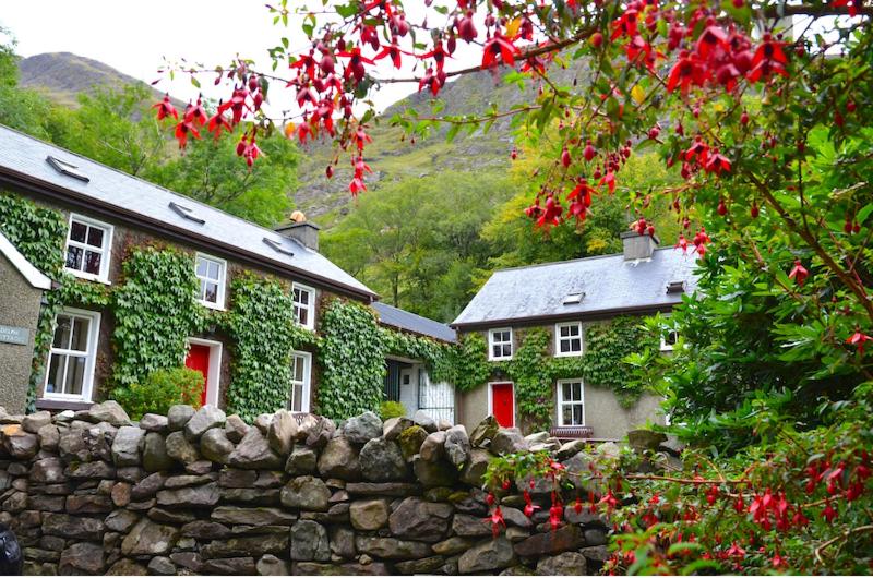 2 casas con puertas rojas y pared de piedra en Delphi Lodge Cottages, en Leenaun