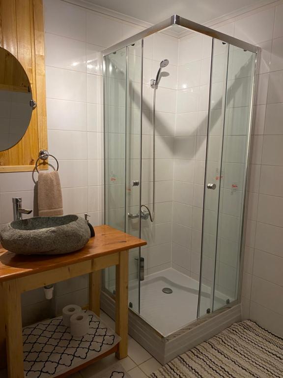 um chuveiro com uma porta de vidro na casa de banho em Rio Blanco em Hornopiren