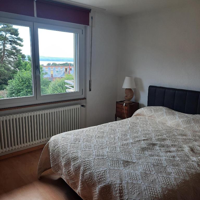 a bedroom with a bed and a large window at Business traveller's dream apartment in Bevaix