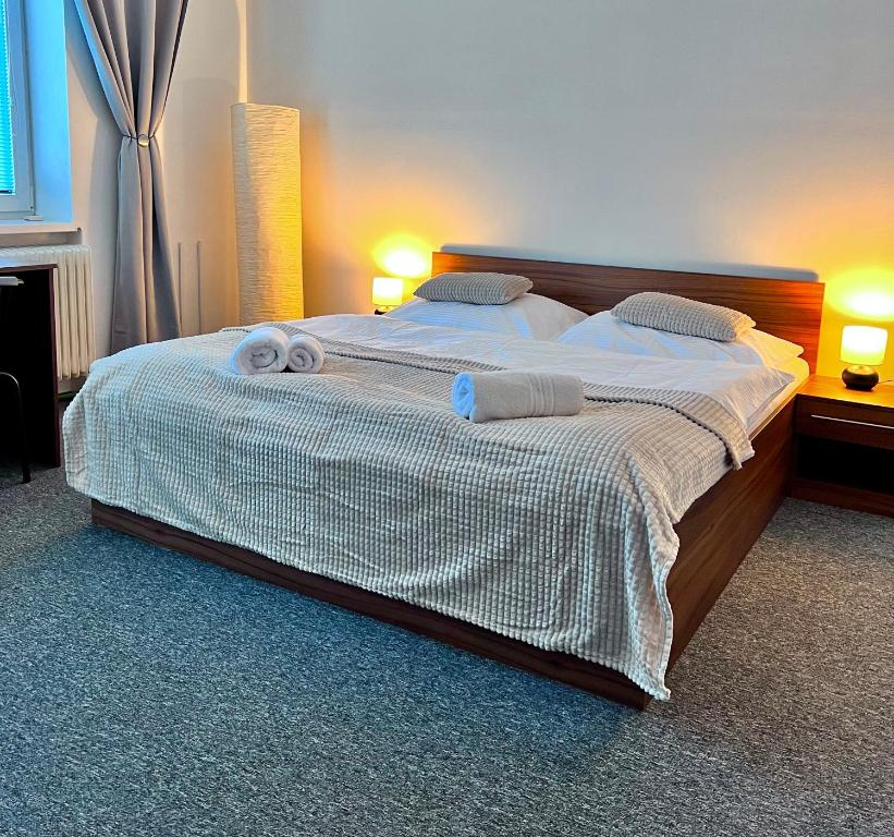 una camera da letto con un grande letto con asciugamani di Ubytování Na Jarošce a Hodonín