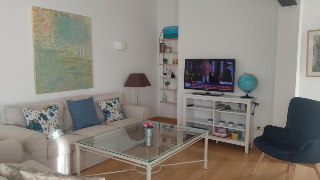 a living room with a couch and a tv at Ático Torre Candelaria in Zafra