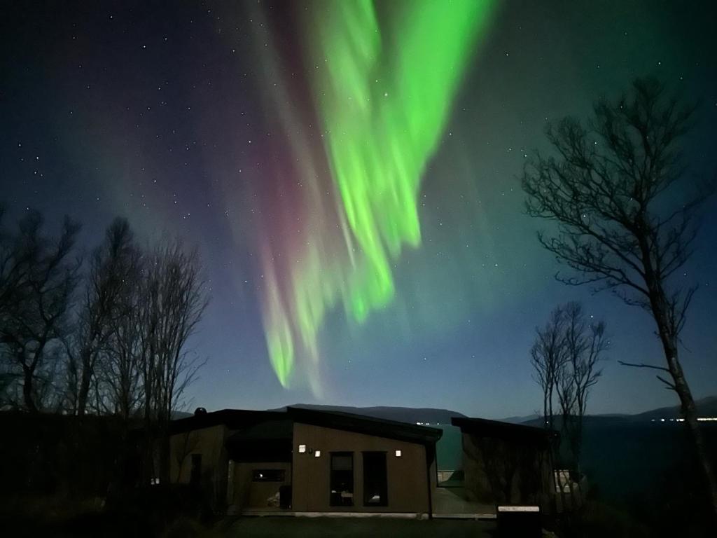 una imagen de la aurora boreal sobre una casa en Lyngen Alps Panorama, en Russelv
